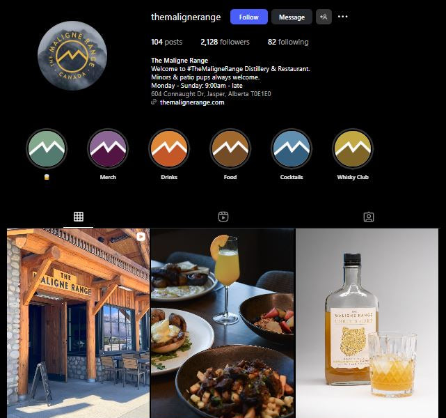 Social media post with restaurant and beverage images, including food, drinks, and a bottle.
